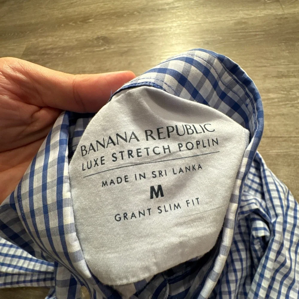 Banana Republic Shirt Mens Medium Blue Plaid Luxe Stretch Poplin Preppy Casual